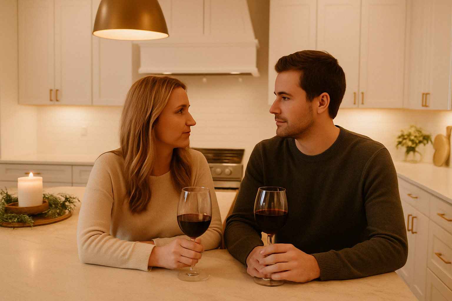 A Caucasian couple sits at a warmly lit kitchen island with wine glasses in hand, gazing into each other’s eyes during a heartfelt conversation. The scene captures a peaceful, intimate moment ideal for illustrating weekly check-in questions for couples discussions in marriage.