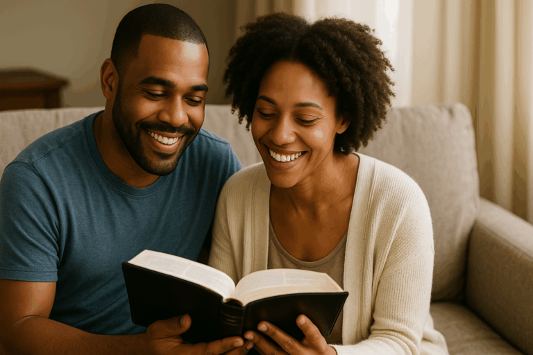 An African American couple sitting closely on a beige sofa, smiling warmly as they read a black leather Bible together, bathed in soft natural light from a nearby window