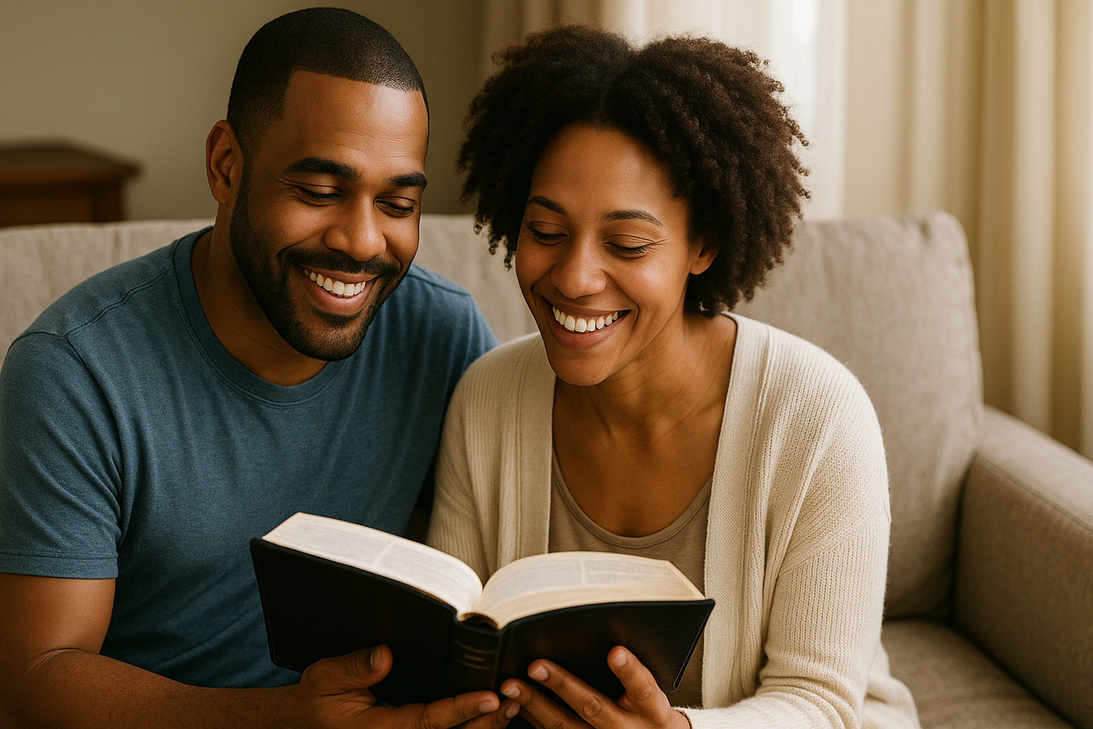 An African American couple sitting closely on a beige sofa, smiling warmly as they read a black leather Bible together, bathed in soft natural light from a nearby window