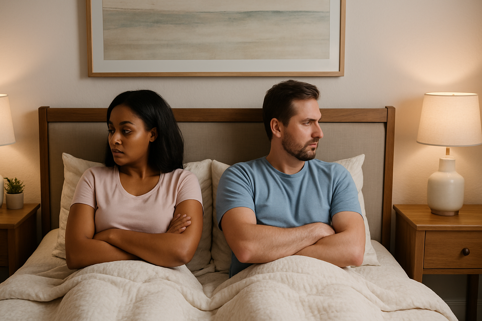 A couple lying back-to-back in bed, both with arms crossed and distant expressions. The cozy bedroom features matching bedside tables with lamps, soft beige bedding, and a large calming wall art piece above the bed, highlighting the emotional disconnect between them
